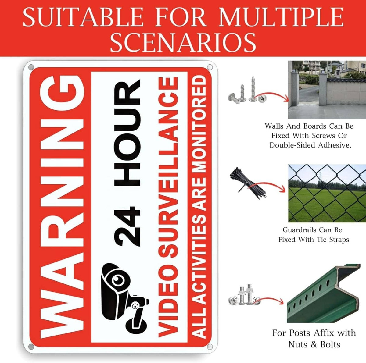 Red video surveillance warning sign with “24 hour” and “all activities are monitored”