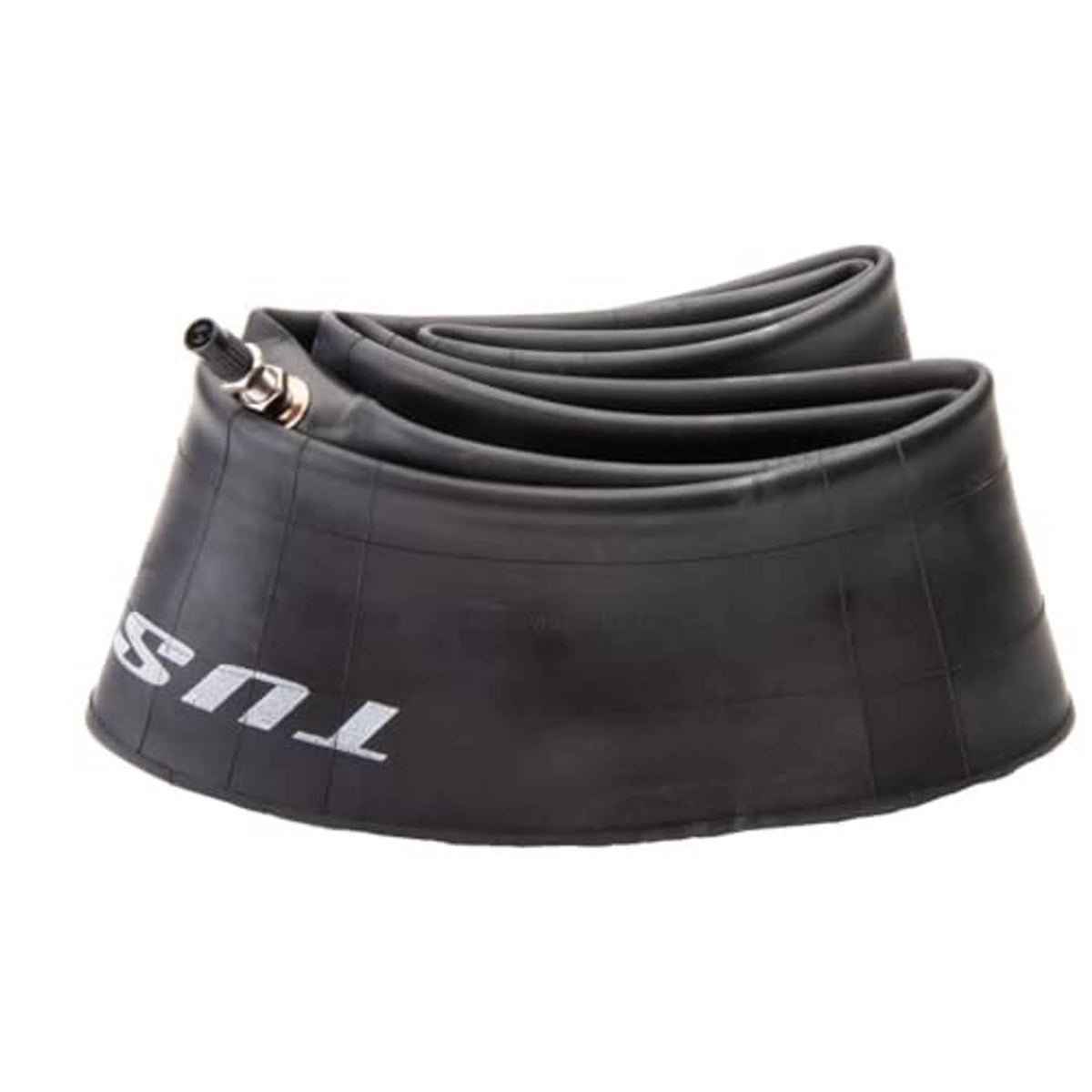 Rolled black motorcycle inner tube with valve stem and white side stripe