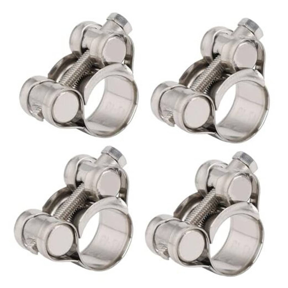 Set of four T-bolt hose clamps in shiny stainless steel, 20–22 mm size range