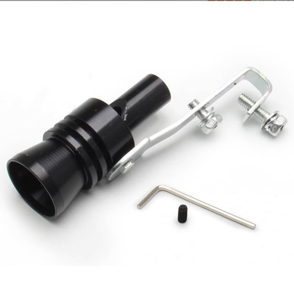 Universal turbo whistle muffler pipe, black outlet, silver bracket clamps and mounting hardware