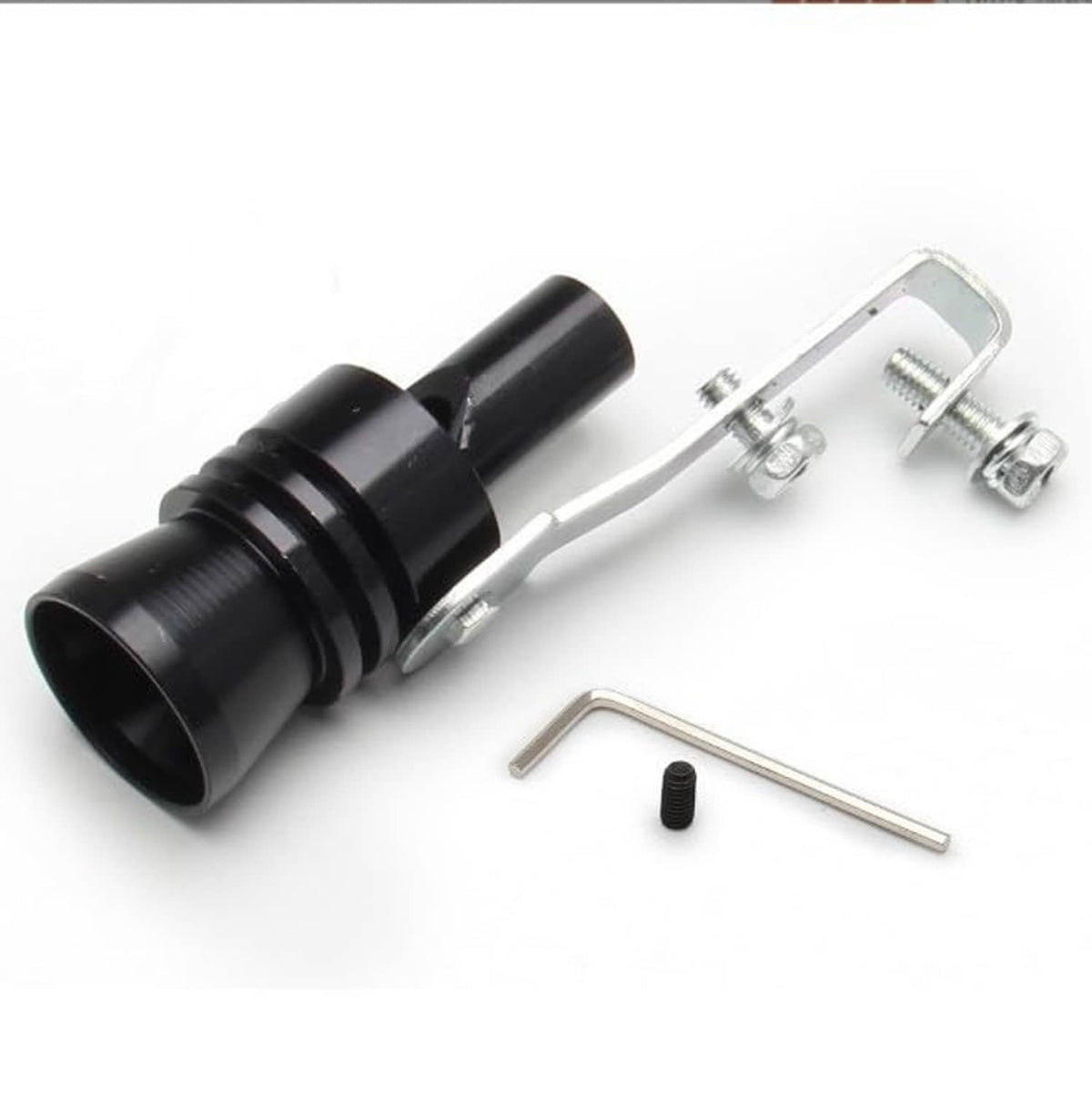 Universal turbo whistle muffler pipe, black outlet, silver bracket clamps and mounting hardware