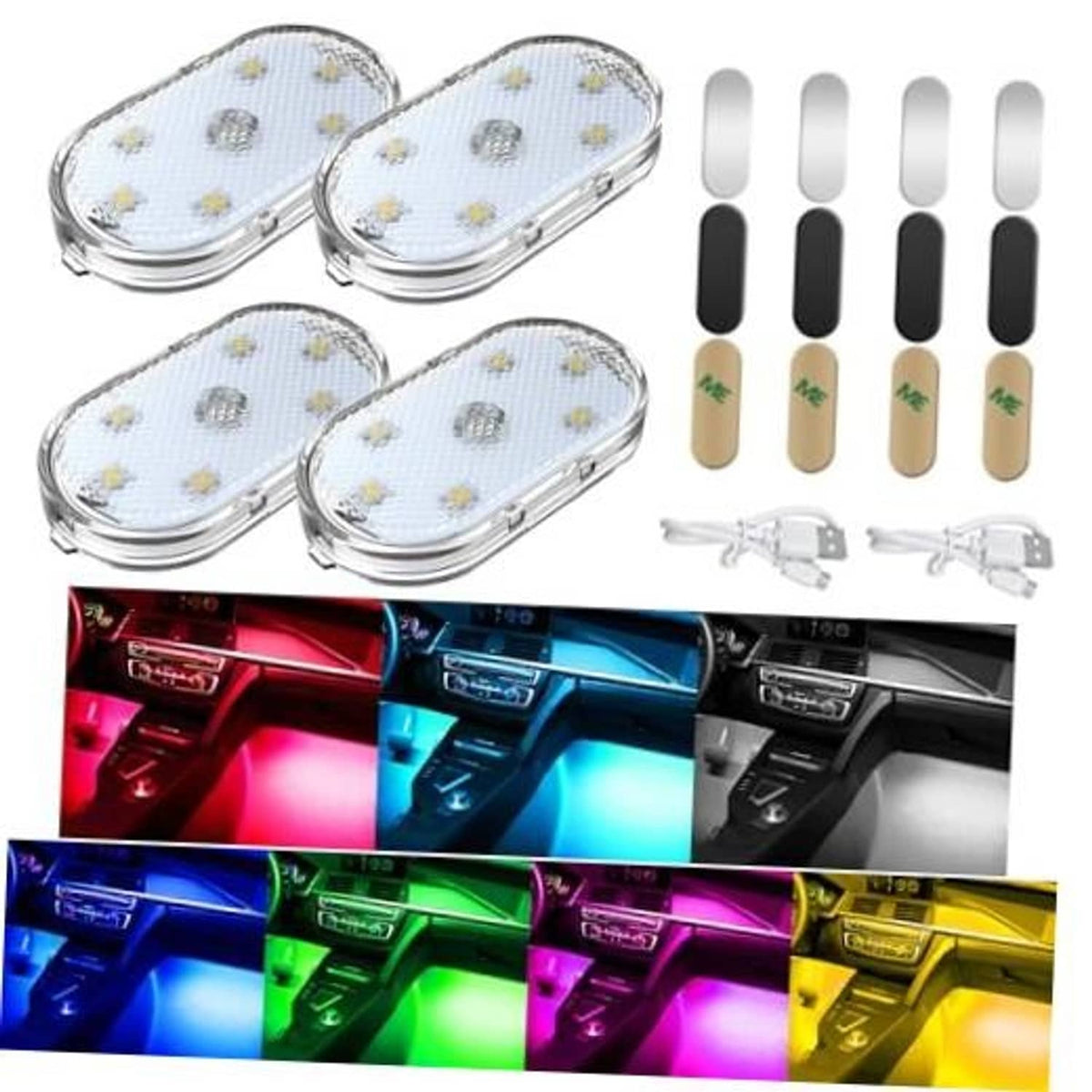 Car interior LED light kit with four oval magnetic panels and USB cables