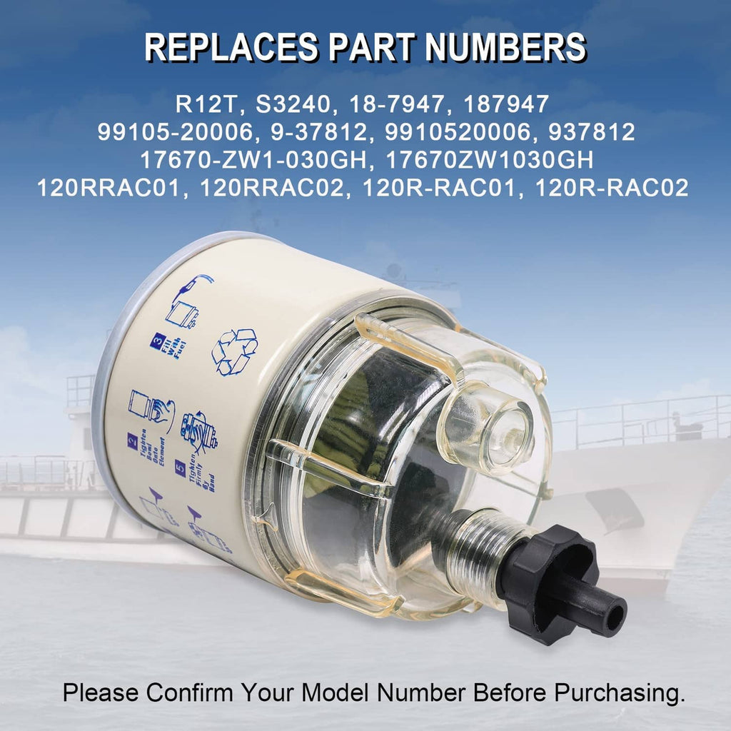R12T spin-on fuel filter water separator showing side canister and black drain outlet