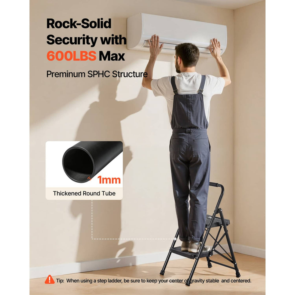 2-step ladder with sturdy steel frame and top handrail for secure wall access