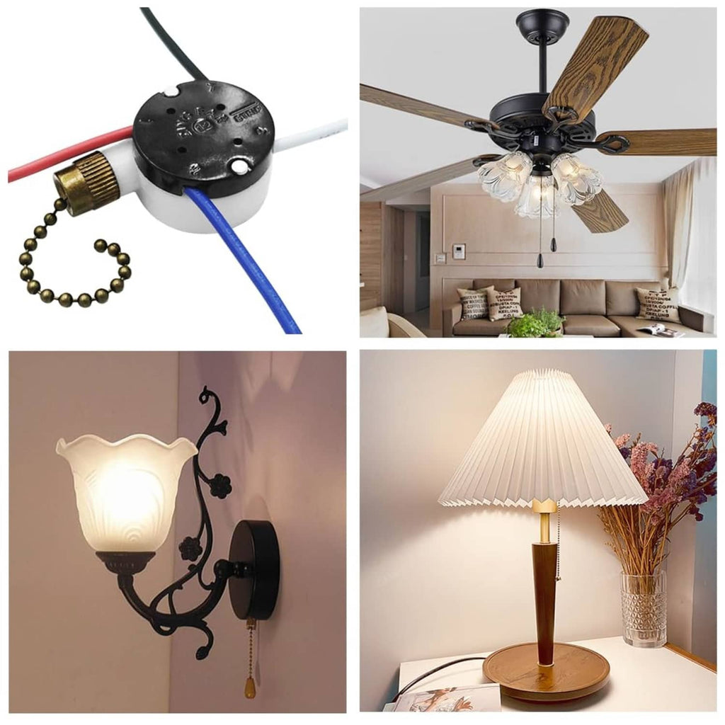 Ceiling fan pull-chain switch with bronze bead chain and blue/red wire leads