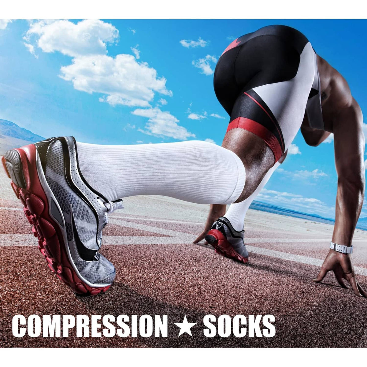 White compression socks with red band detail at the ankle