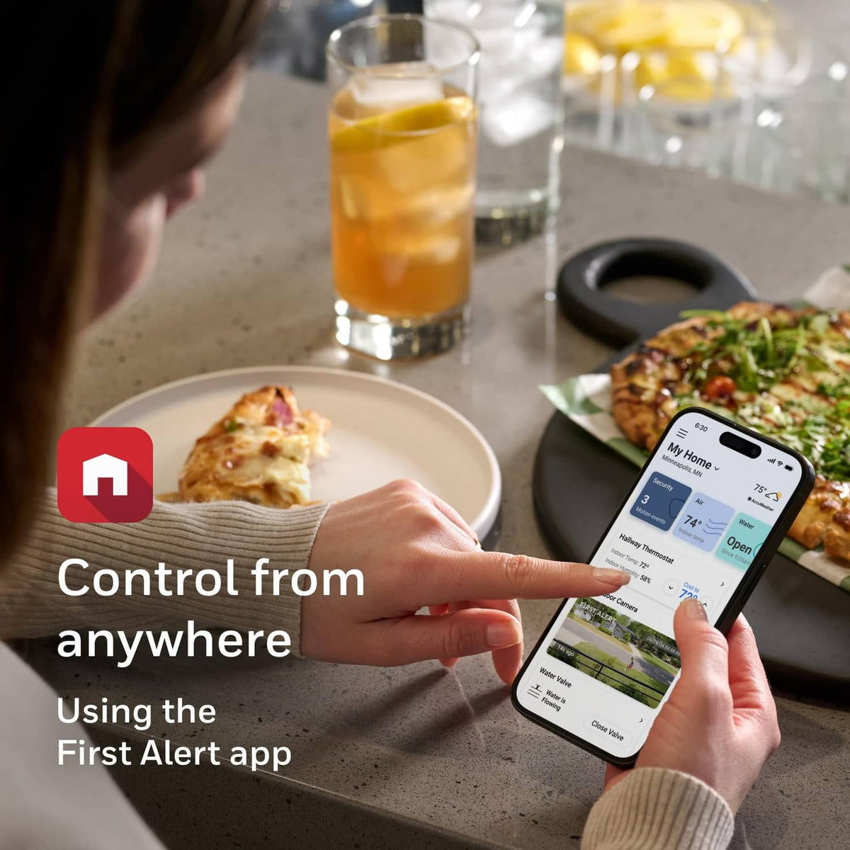 Smartphone app screen controlling thermostat temperature from anywhere