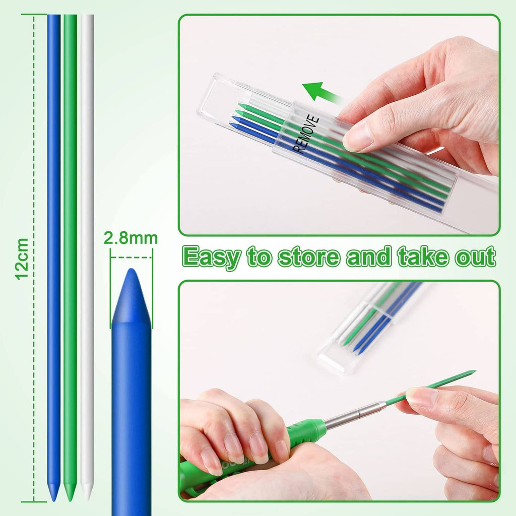 Clear refill case with blue and green 2.8mm HB pencil lead sticks, hand removing