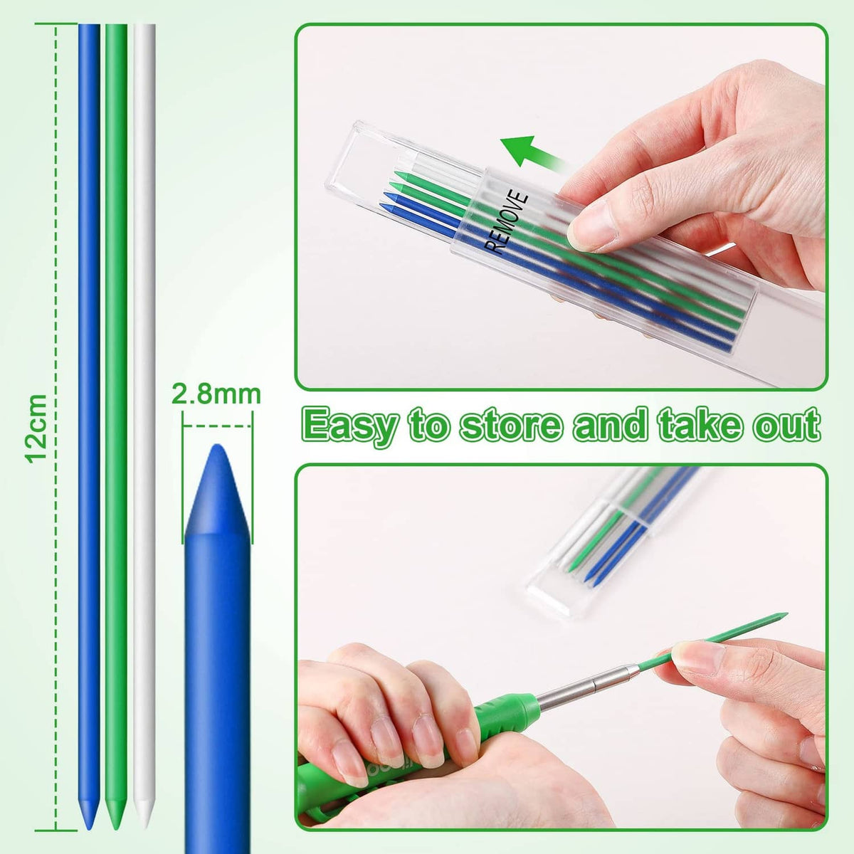 Clear refill case with blue and green 2.8mm HB pencil lead sticks, hand removing