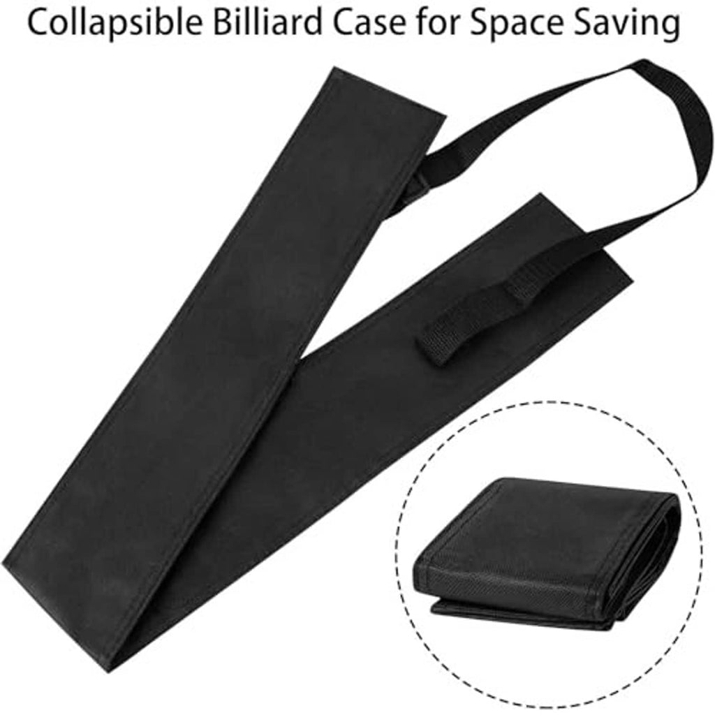 Black collapsible billiard cue case with wide strap and fold-flat storage