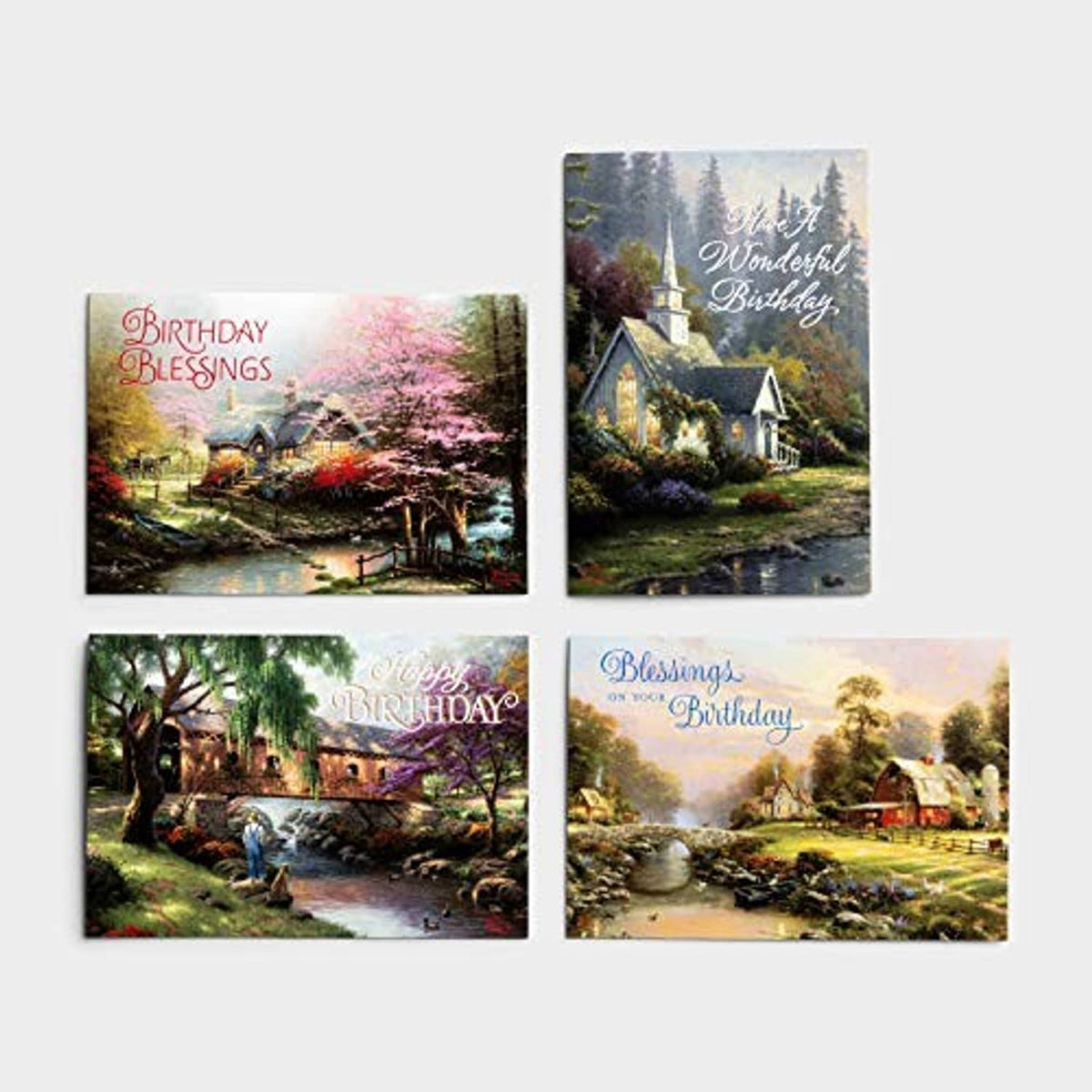Set of four Thomas Kinkade birthday cards with scenic church and farm artwork