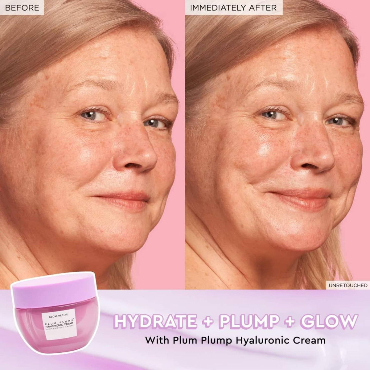 Glow Recipe plum plump hyaluronic cream jar beside before-and-after faces