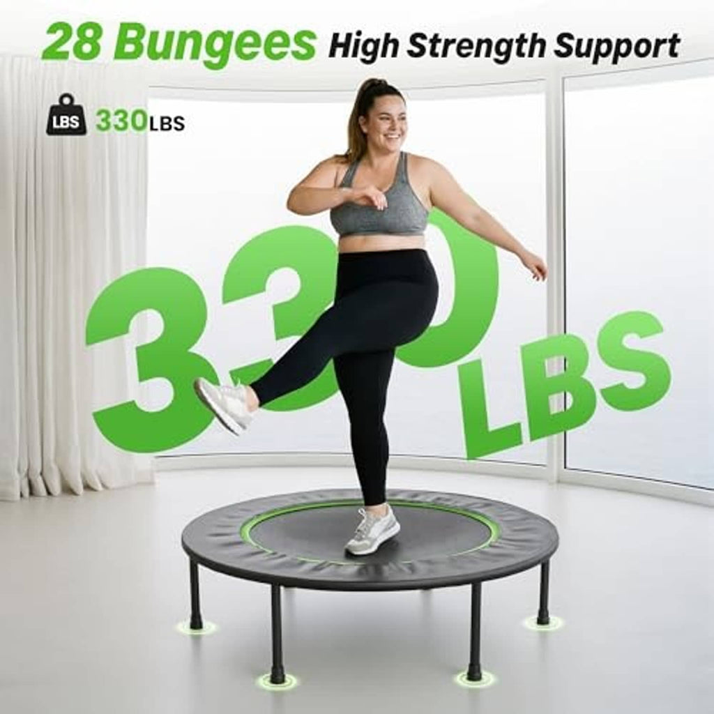 Round mini trampoline with green-accented frame, 28 bungees support graphic