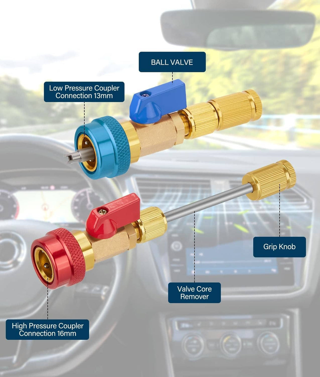 Valve core remover tool with blue low-pressure coupler and red high-pressure coupler