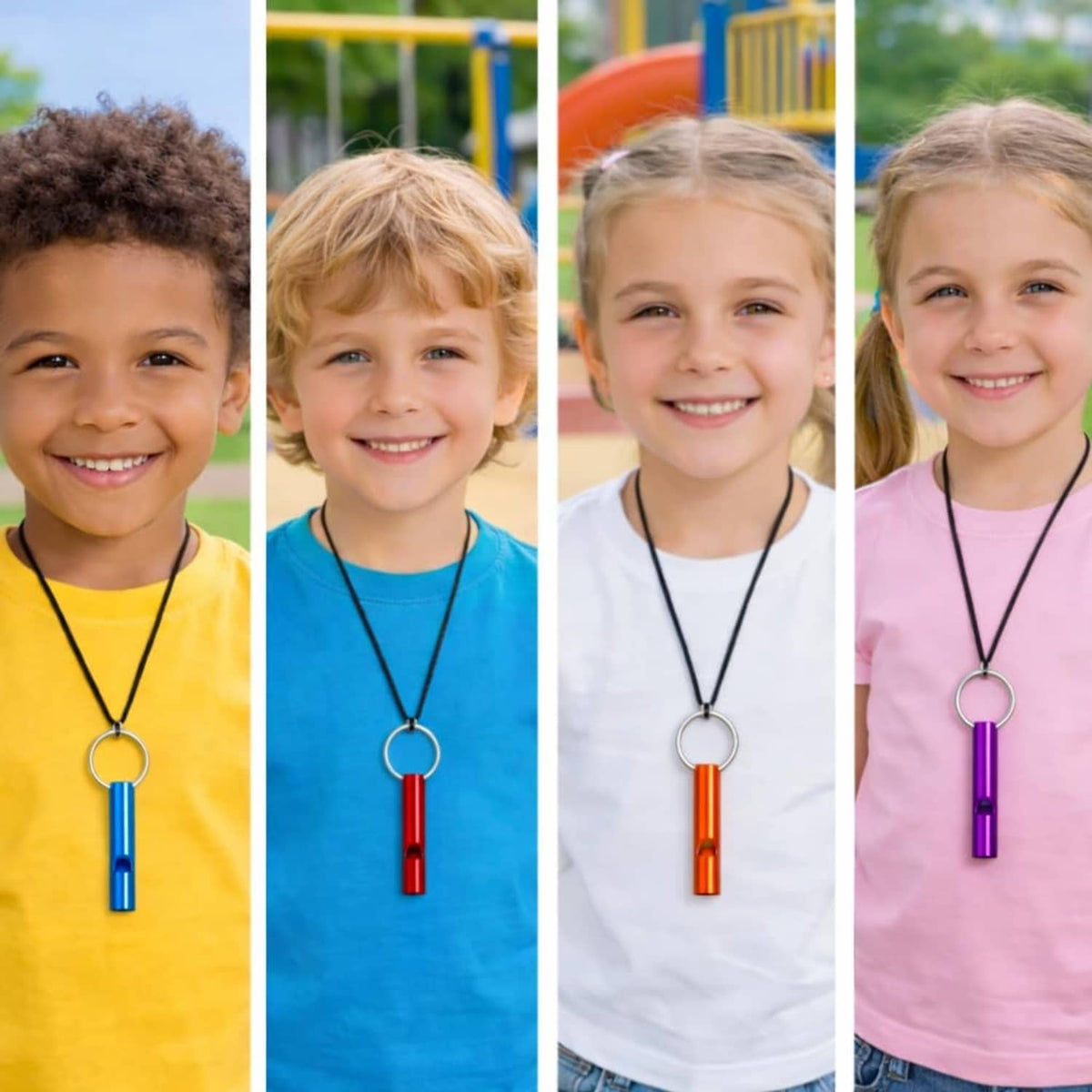 Children wearing colorful aluminum whistle keychain pendants with metal loop rings