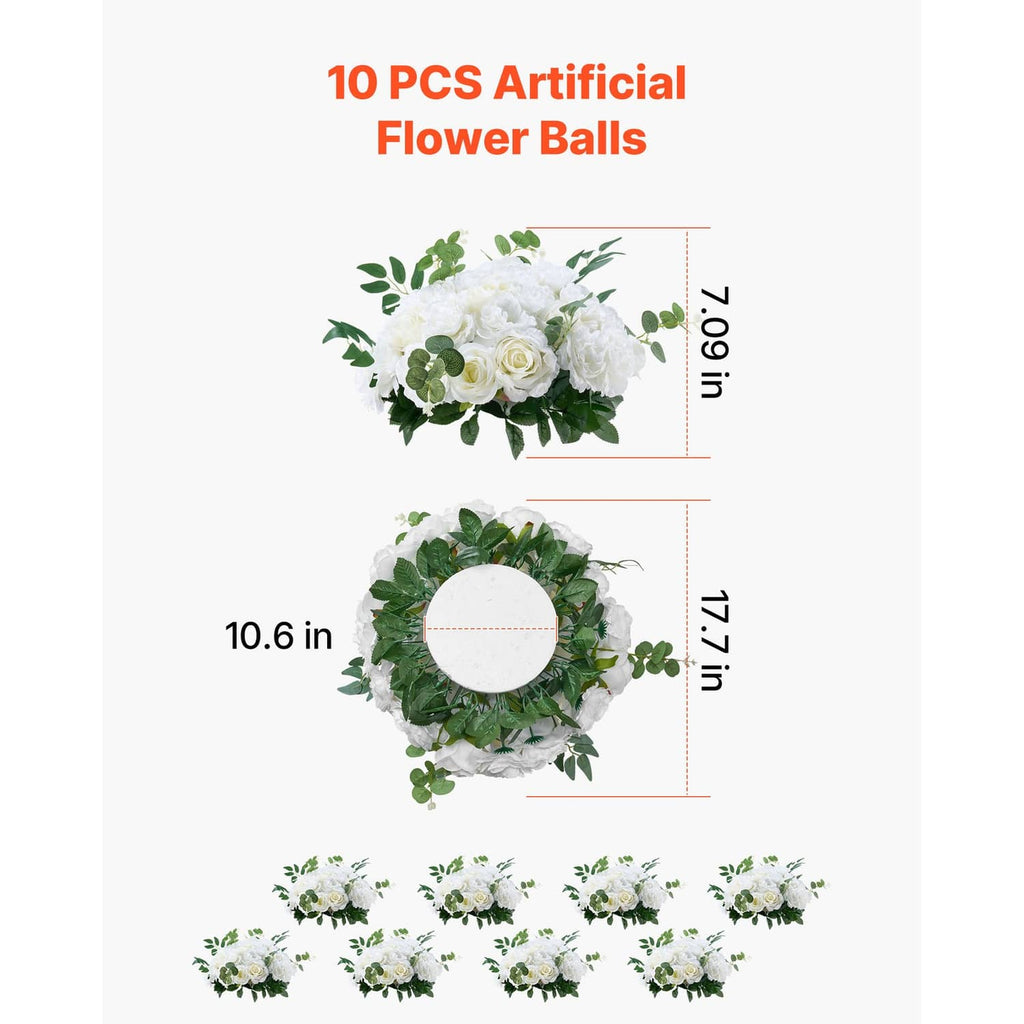 Set of 10 artificial flower balls with white roses and green leaves, size diagram