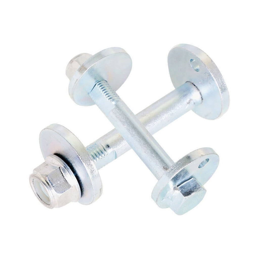 Front control arm cam bolt hardware kit: four silver cam bolts with washers and nuts