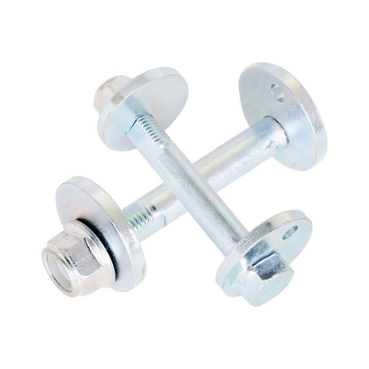 Front control arm cam bolt hardware kit: four silver cam bolts with washers and nuts