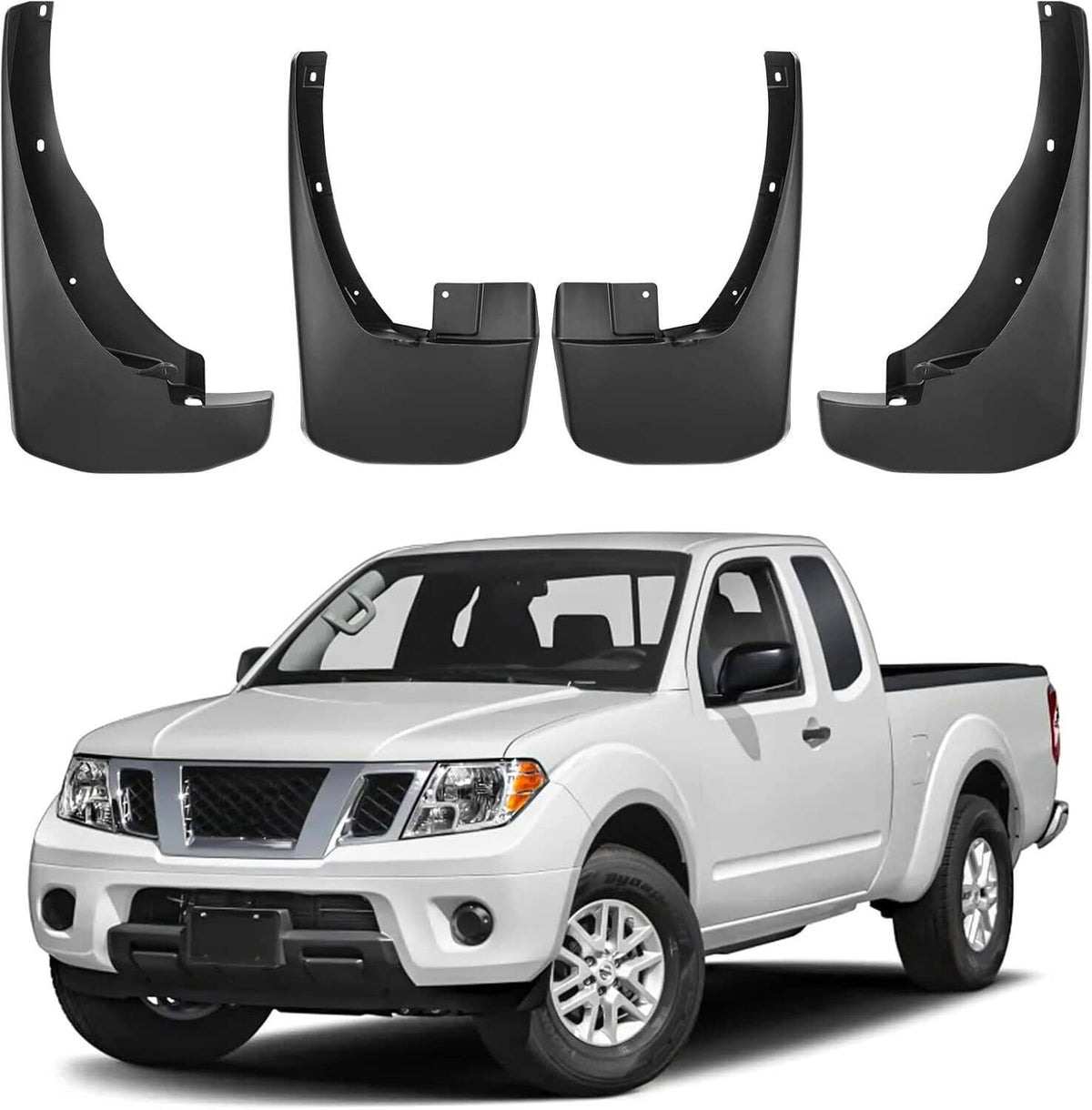 Black mud flaps set mounted on a white pickup truck