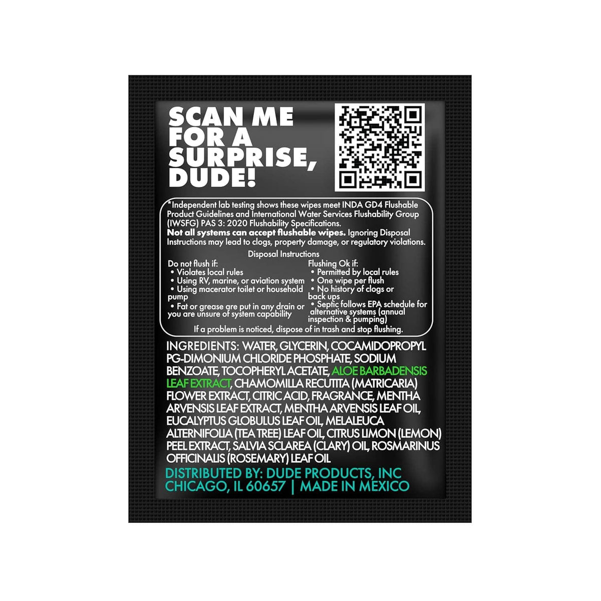 DUDE Wipes Mint Chill back label with ingredients and usage instructions