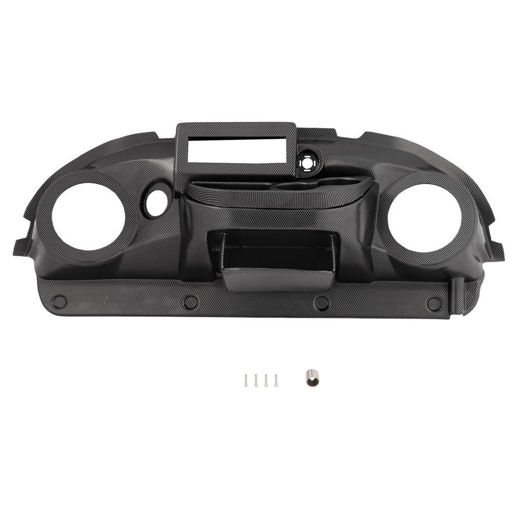 Golf cart radio dashboard cover with screen cutout, speaker circles, and screws.