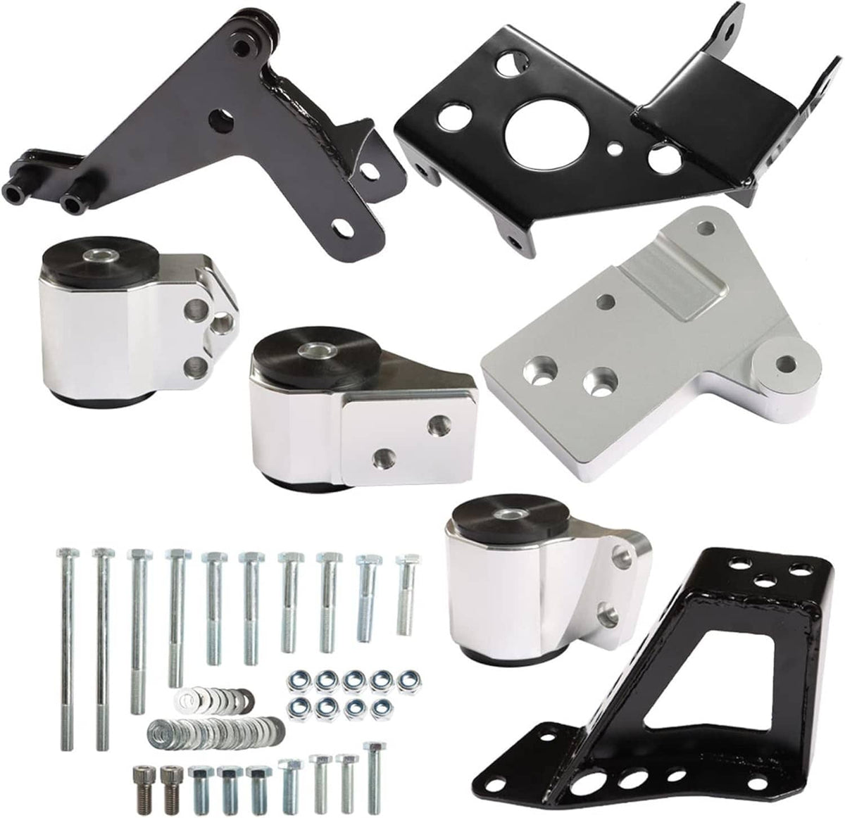 Engine mount bracket kit with black and silver brackets and mounting hardware