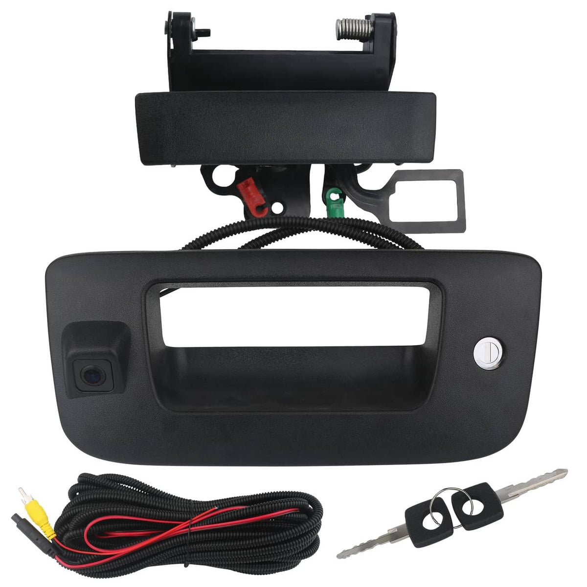 Black tailgate handle backup camera with wiring harness and mounting bracket
