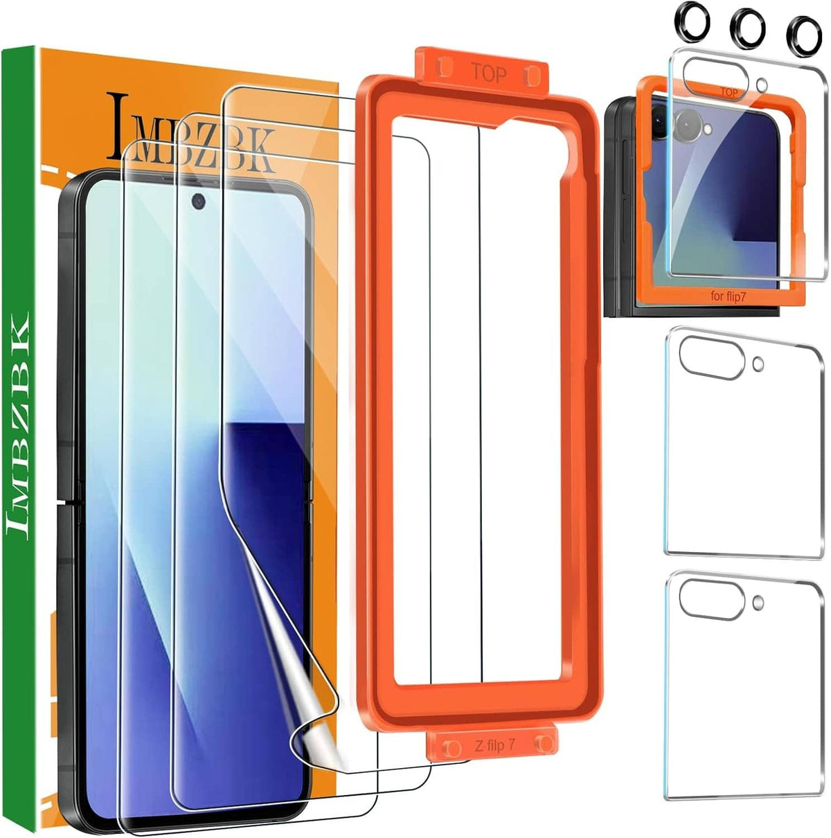 Transparent screen protector 3-pack with auto-install frame for foldable phone
