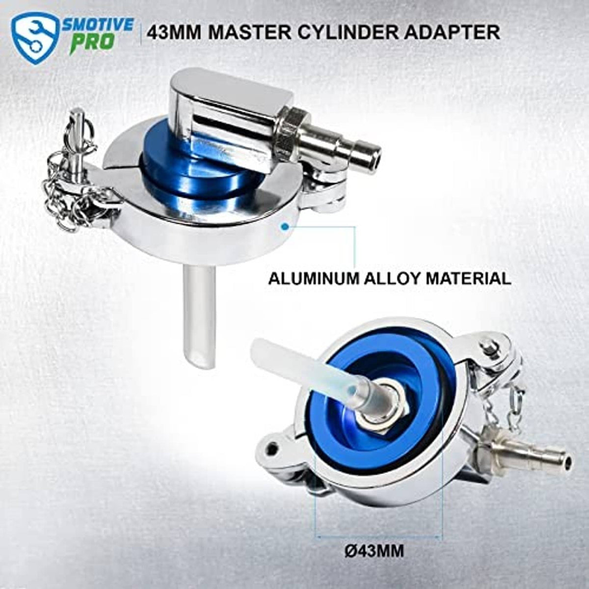 Chrome 43mm master cylinder adapter with blue center seal and two metal fittings