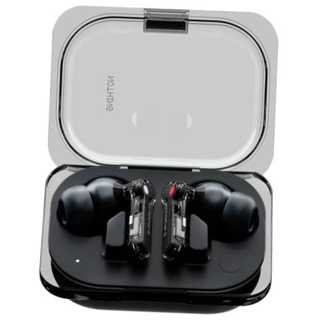 Black wireless earbuds in open charging case, earbuds pods visible