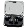 Black wireless earbuds in open charging case, earbuds pods visible