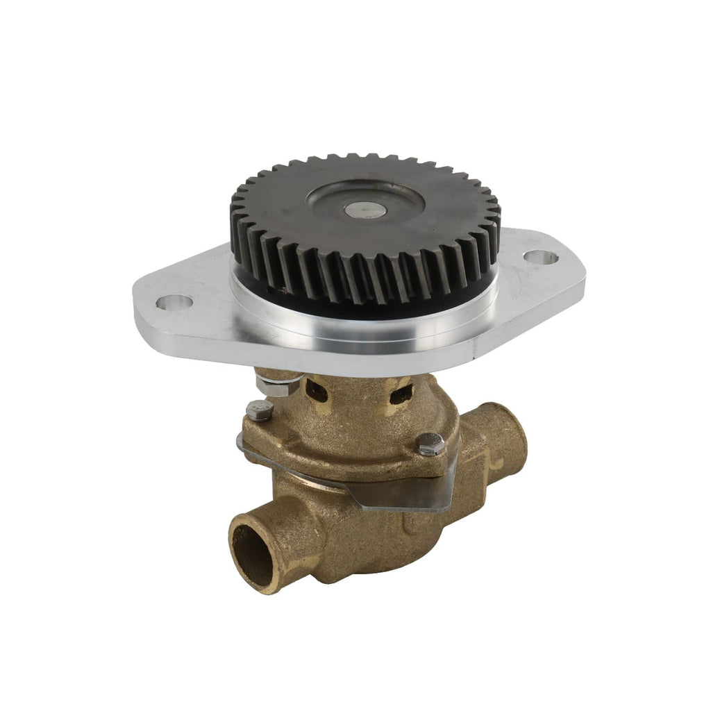 Raw water pump with bronze inlet ports, silver mounting flange, and black gear