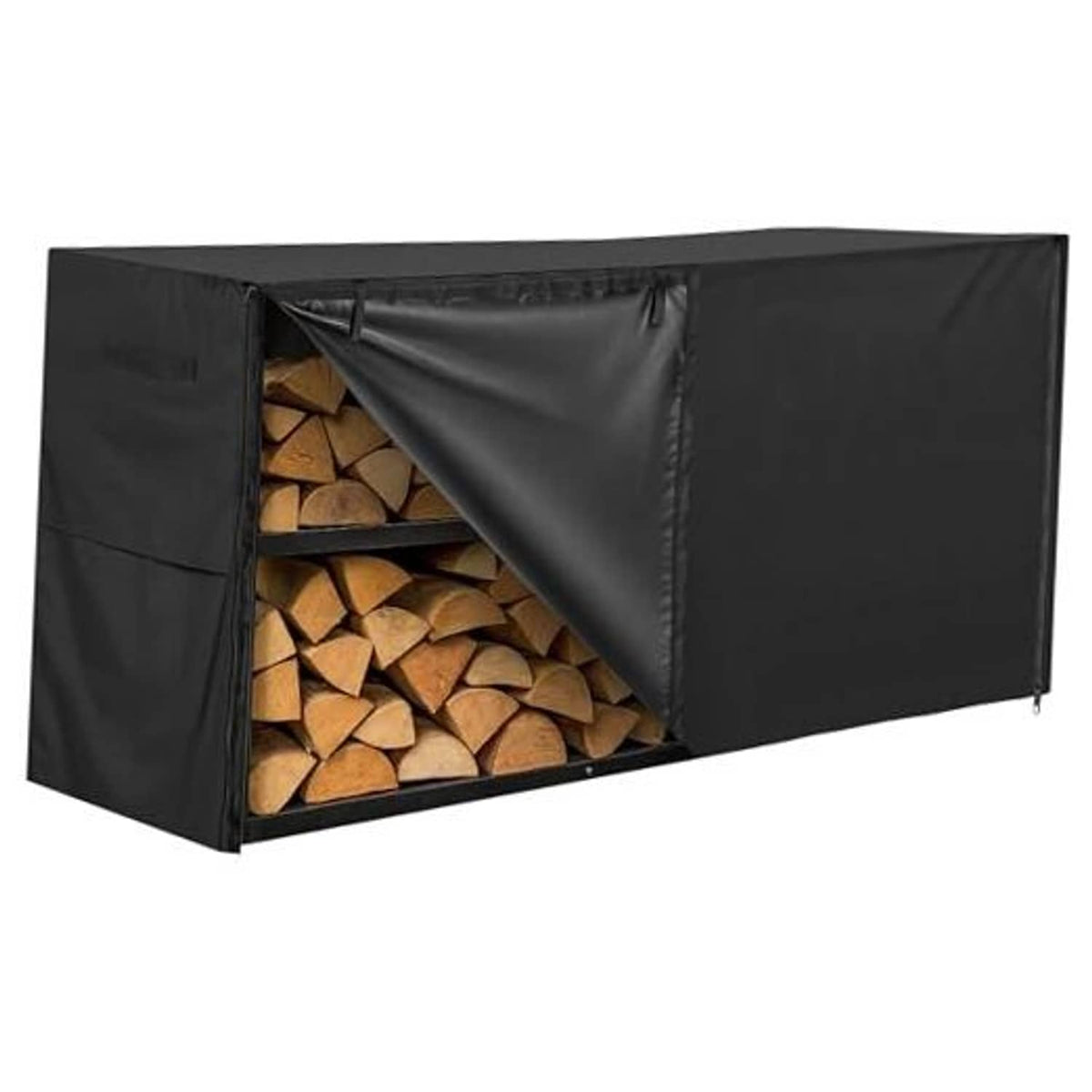 Black firewood rack cover with triangular front opening, showing stacked logs inside.