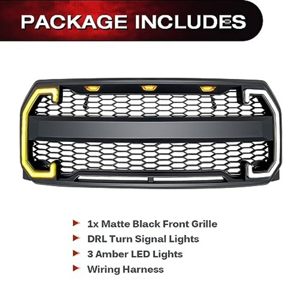 Matte black front grille with mesh insert and amber LED light bars, included parts shown