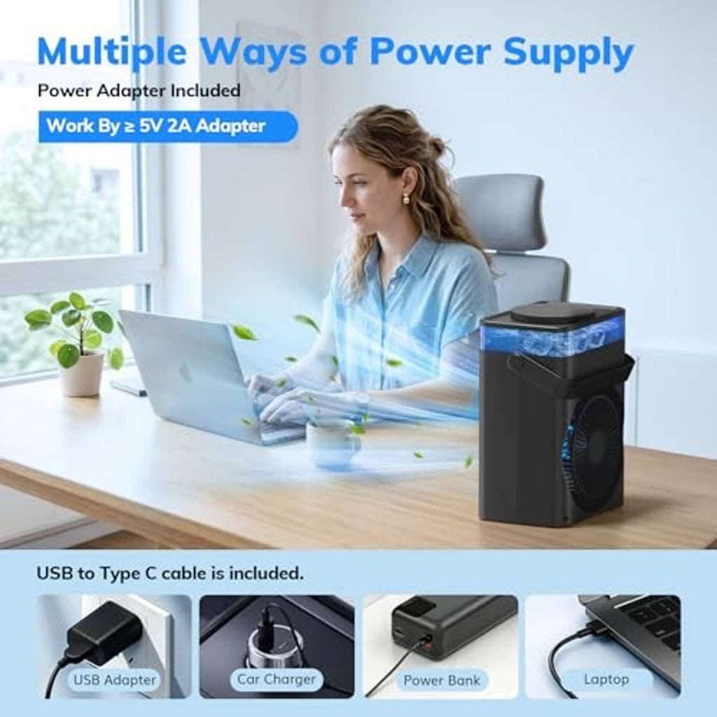 Black portable air conditioner with front cooling window and included USB charging setup