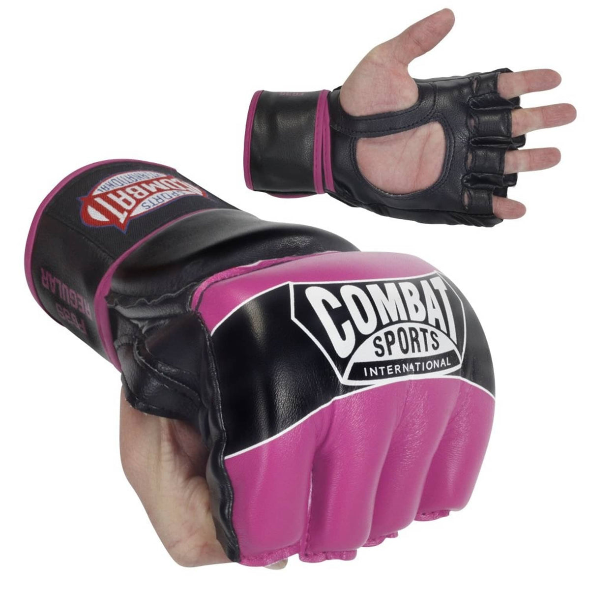 Black boxing gloves with magenta padding accents, wrist strap, padded knuckles