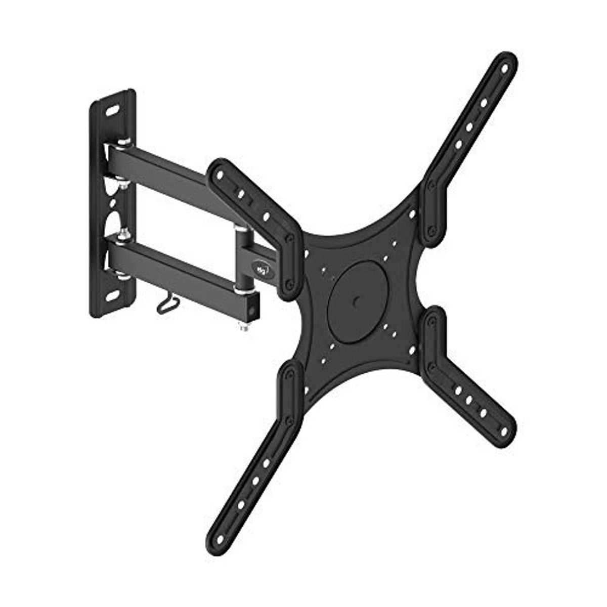 Black articulating TV wall mount with wall bracket, support arms, and VESA plate