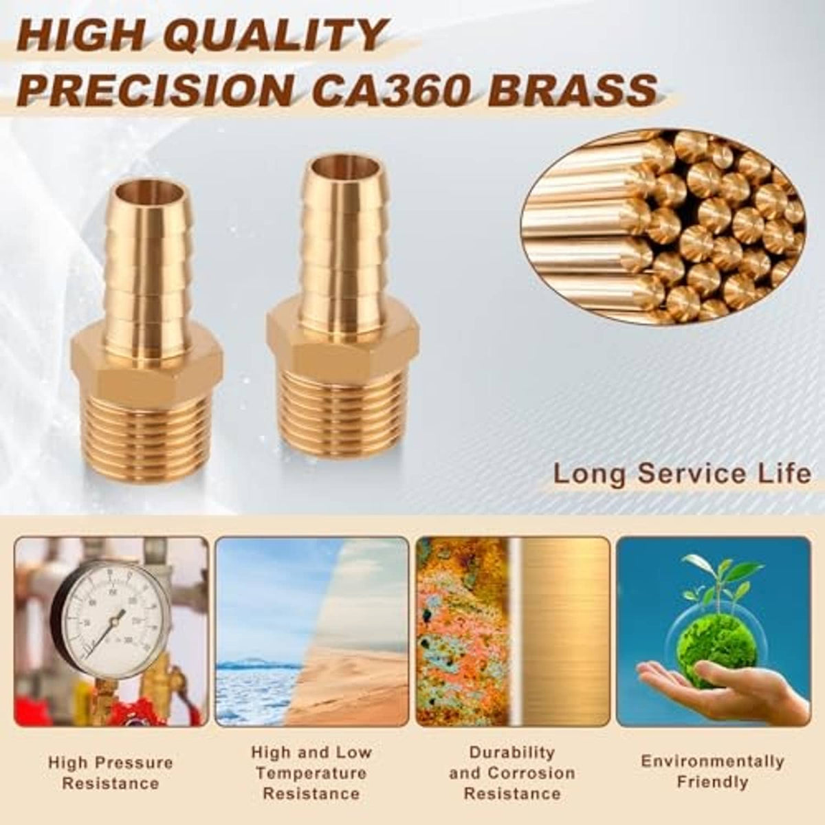 Two brass male NPT hose barb adapters with visible barbs and knurled threads
