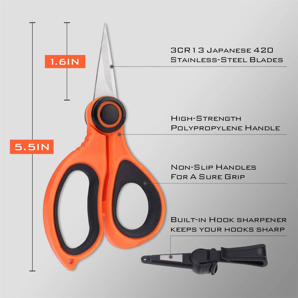 Orange-and-black fishing line scissors with non-slip handle and built-in hook sharpener