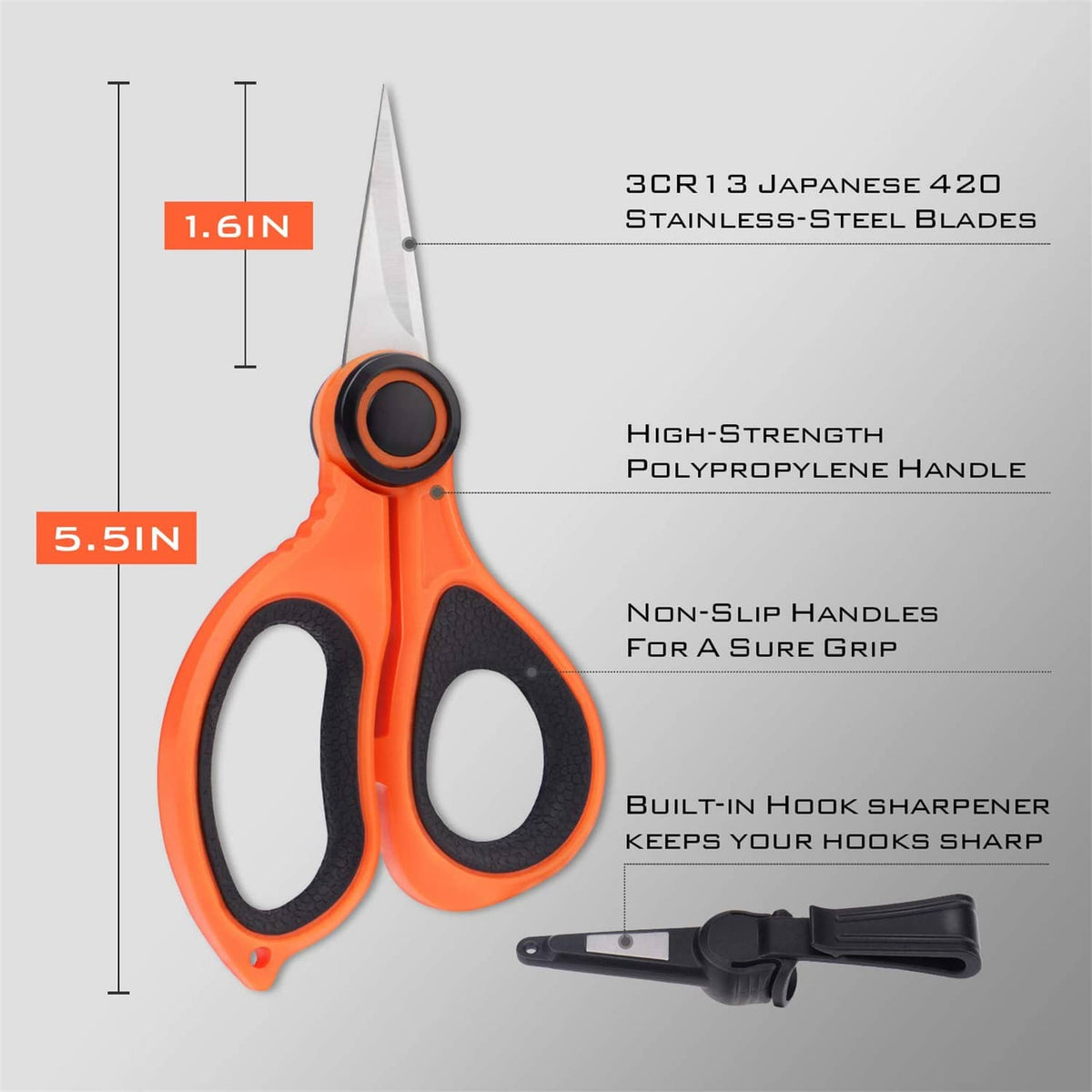 Orange-and-black fishing line scissors with non-slip handle and built-in hook sharpener