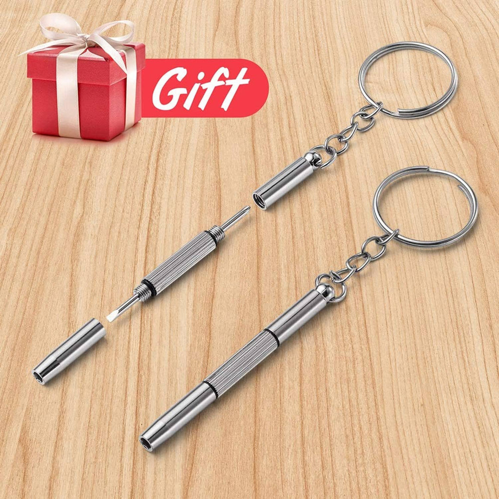 Micro screwdriver keychain set with silver handles and metal key rings