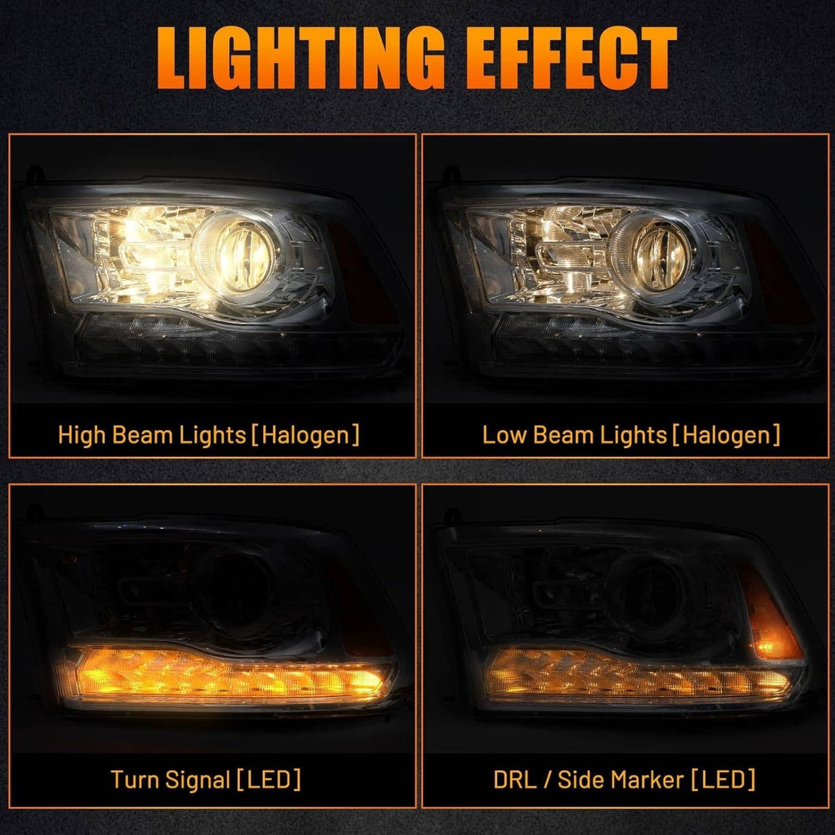 Dual-beam headlight light pattern: high beam halogen, low beam halogen, LED signals