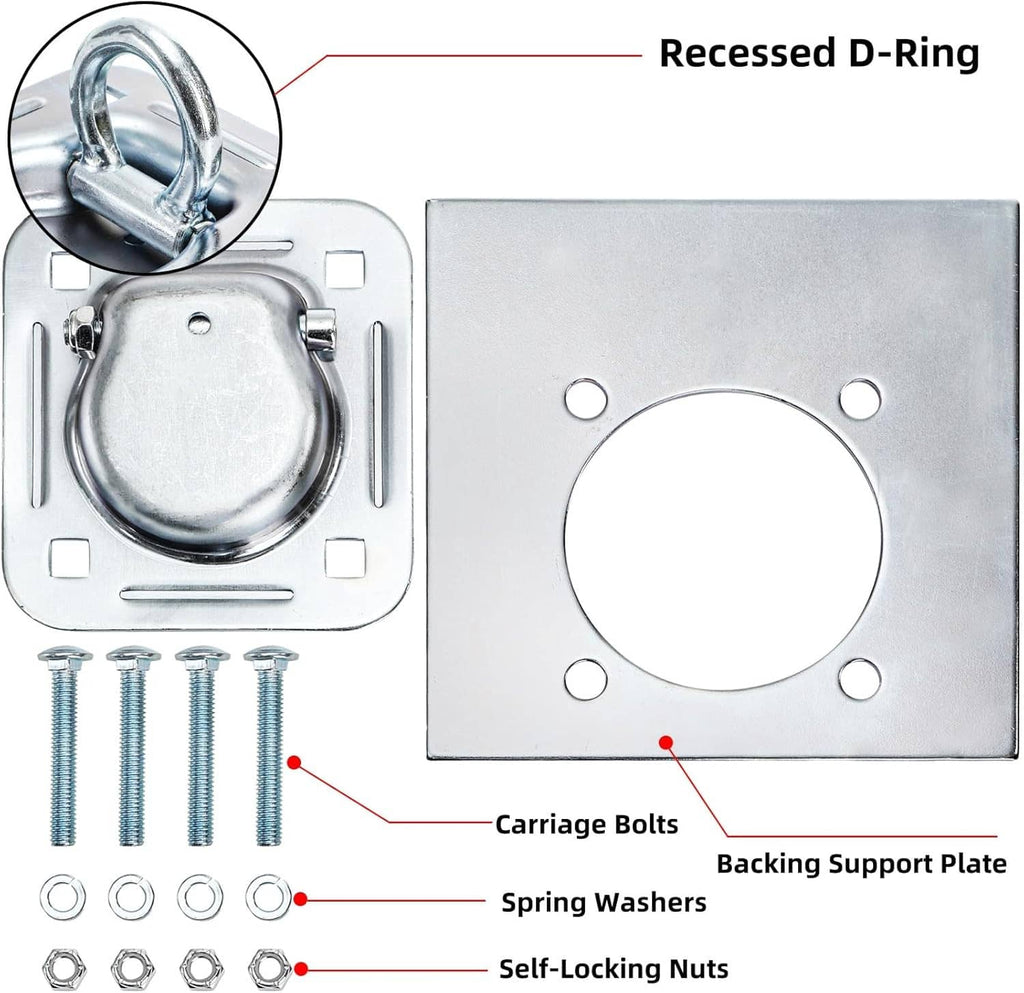 Recessed D-ring tie-down anchor plate with D-ring, spring washers, and nuts