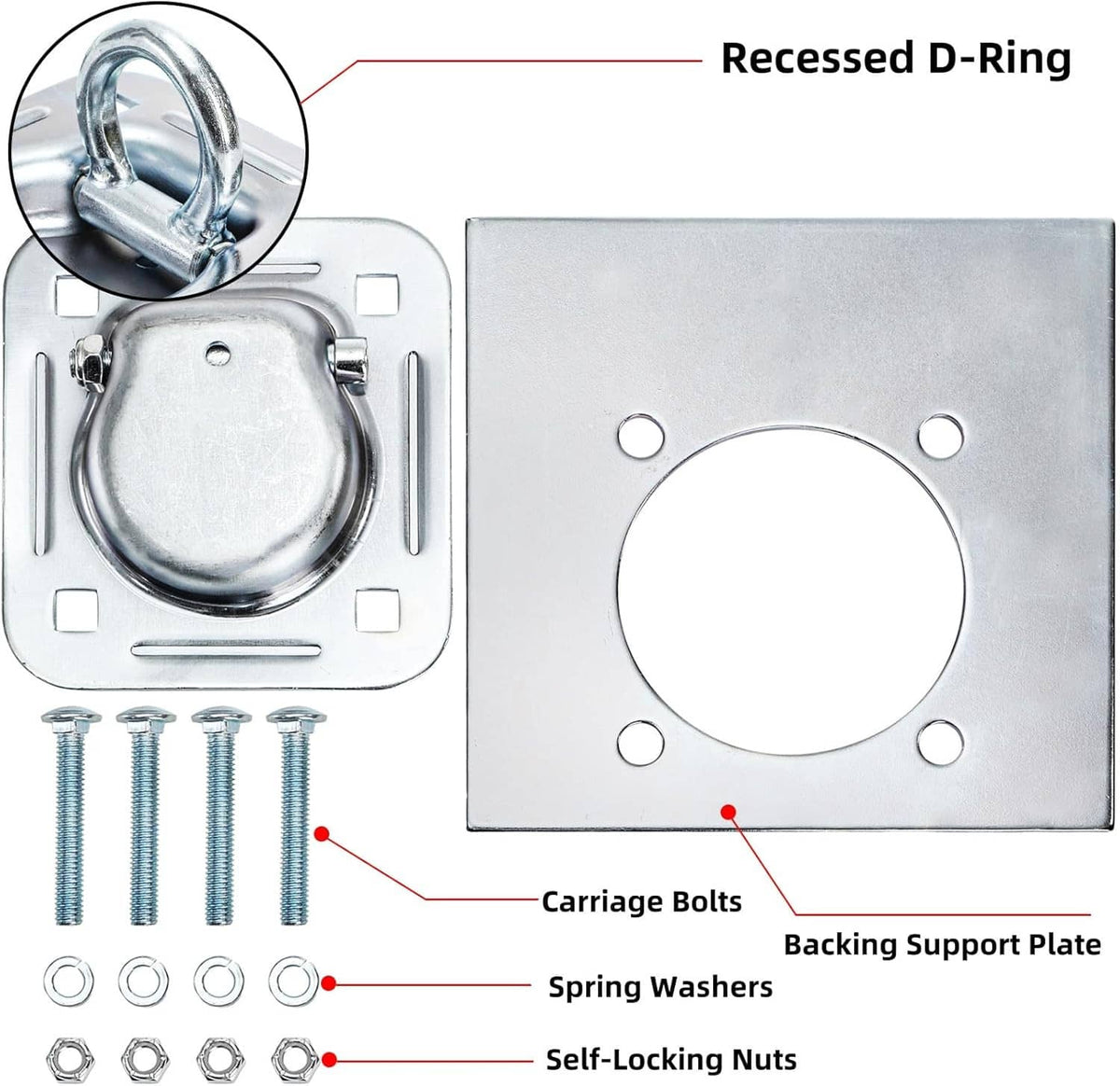 Recessed D-ring tie-down anchor plate with D-ring, spring washers, and nuts
