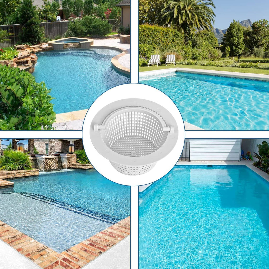 White skimmer basket strainer shown from above with circular mesh and handle supports