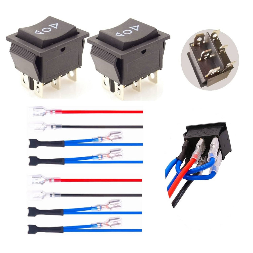 Two black momentary rocker switches with On-Off-On symbols and metal terminal contacts