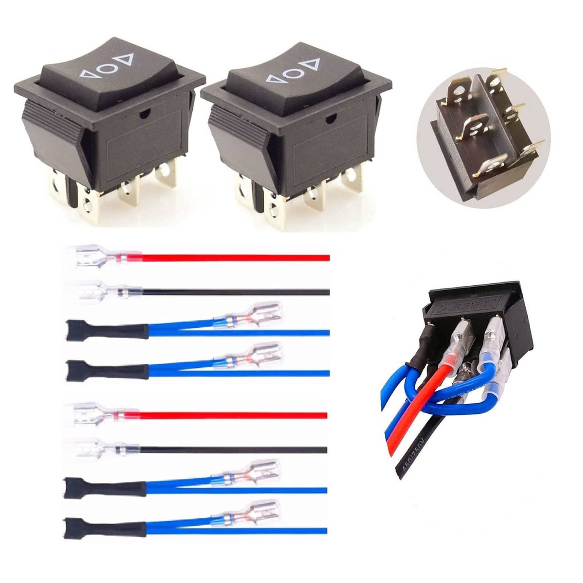 Two black momentary rocker switches with On-Off-On symbols and metal terminal contacts