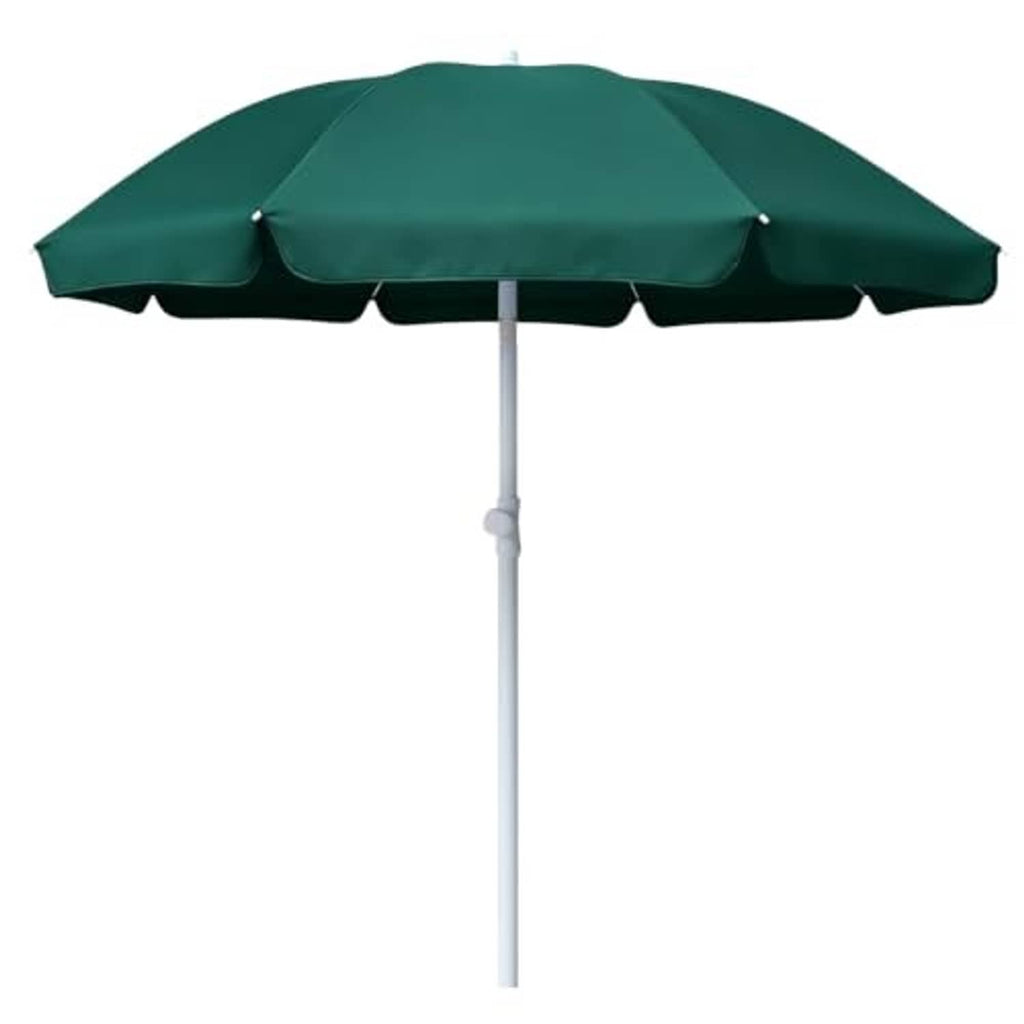 Green tilt outdoor umbrella with scalloped canopy and center pole for shade