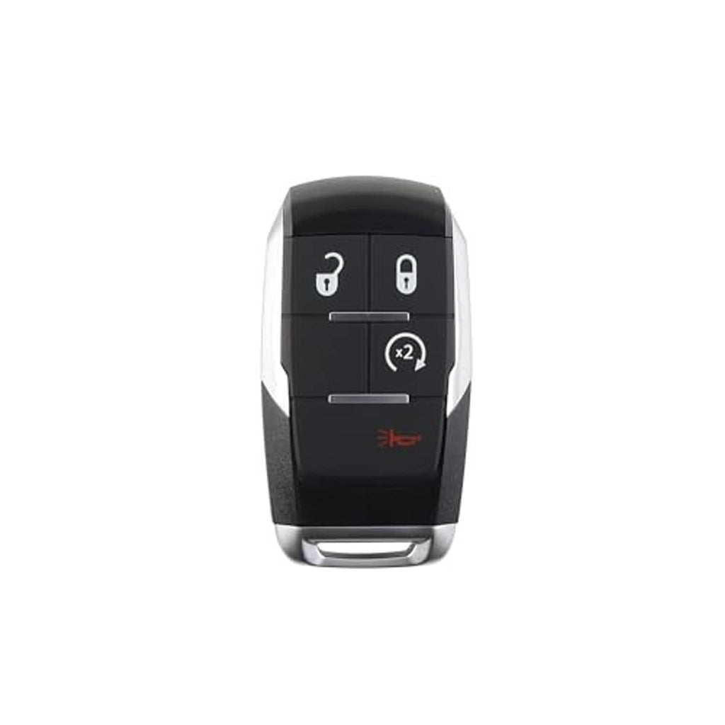 Black 4-button car remote key fob, front view with metallic silver side panels