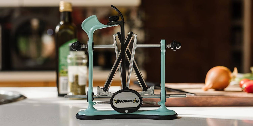 Knife sharpener stand with adjustable V-guides and diamond rods on blue base